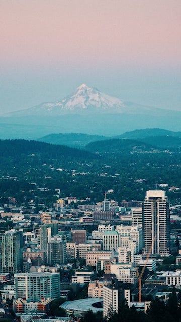 Arial view of downtown Portland and Mt Hood